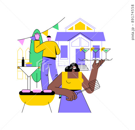 Garden party decoration abstract concept vector illustration. Outdoor party ideas, floral table decoration, dining space, landscape designer, backyard lighting, fairy lights abstract metaphor. 89174558