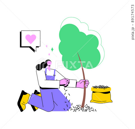 Mulching plants abstract concept vector illustration. Soil covering, plant protection, weed control, retain moisture, garden bed, wood chips, landscape fabric, decorative mulch abstract metaphor. 89174573