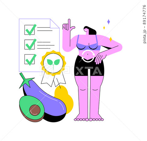 Food nutritional quality abstract concept vector illustration. Nutrition value, health maintenance, human metabolism, organic food livestock, quality inspection and certification abstract metaphor. 89174776