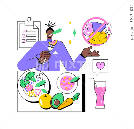 Vegan diet abstract concept vector illustration. Vegetables and fruits, whole grains, quality protein, healthy lifestyle, no meat, healthy fat, fresh salad, organic nutrients abstract metaphor. Vegan diet abstract concept vector illustration. Vegetables and fruits, whole grains, quality protein, healthy lifestyle, no meat, healthy fat, fresh salad, organic nutrients abstract metaphor. 89174834