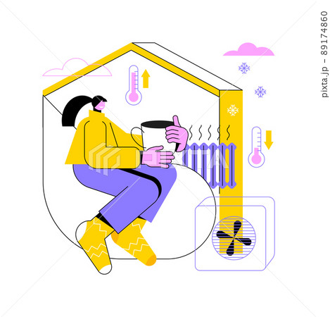 Home heating technologies abstract concept vector illustration. Smart house, heating radiator, save energy, temperature control, solar panel, air conditioning, home automation abstract metaphor. 89174860