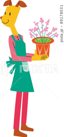 擬人化されたエプロン姿の女性の犬が植木鉢（花）を持っています 89178031