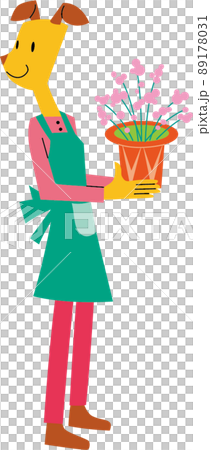擬人化されたエプロン姿の女性の犬が植木鉢（花）を持っています 89178031