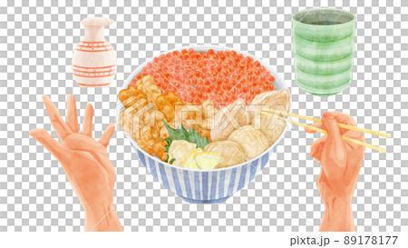 吃海鮮碗的人的手繪水彩風格插圖 89178177