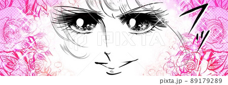 70年代少女漫画キラキラした瞳で微笑み決め顔する青年主人公のドアップイラストと薔薇背景 89179289