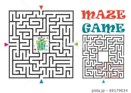 Square maze labyrinth game for kids. Labyrinth logic conundrum. Four entrance and one right way to go. Vector flat illustration Square maze labyrinth game for kids. Labyrinth logic conundrum. Four entrance and one right way to go. Vector flat illustration 89179634