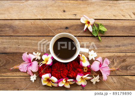 hot coffee espresso with colorful flowers  arrangement flat lay postcard style 89179890
