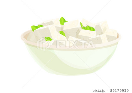 Feta cheese pieces in bowl in cartoon style detailed ingredient isolated on white background. Greek curd white cheese made from sheeps milk or milk bean. Feta cheese pieces in bowl in cartoon style detailed ingredient isolated on white background. Greek curd white cheese made from sheeps milk or milk bean. 89179939