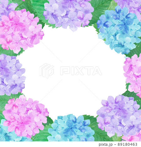 イラスト素材 水彩絵の具で描いたかわいい紫陽花のリース 正方形 紫 ピンク 水色 のイラスト素材