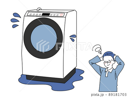 水漏れしたドラム型洗濯機と困る男性 水漏れしたドラム型洗濯機と困る男性 89181703