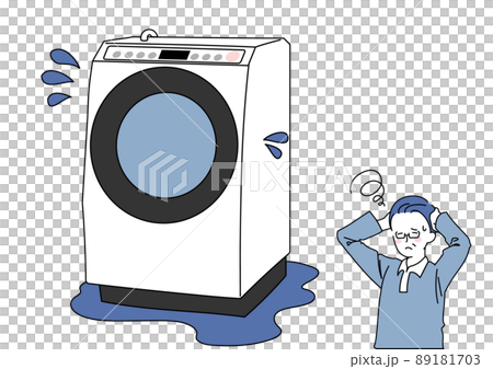 水漏れしたドラム型洗濯機と困る男性 水漏れしたドラム型洗濯機と困る男性 89181703