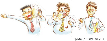 飲み会をする男性たち　サラリーマン　食事　餃子　手描きイラスト 89181754