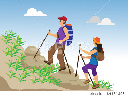 Happy couple of young people go hiking. Man and woman with backpacks on a background of mountainous landscape Happy couple of young people go hiking. Man and woman with backpacks on a background of mountainous landscape 89181803