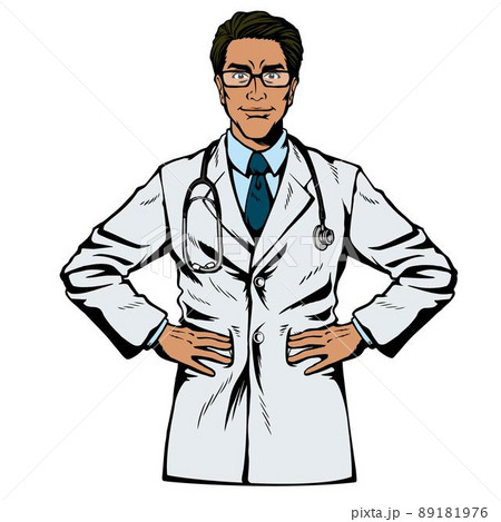 アメコミ風日本人男性 医療 医者 コロナ ビジネス男性 ポーズ 腰に手を当てるのイラスト素材