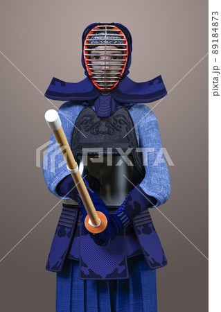 剣道の胴着をきて防具をつけた女の子が竹刀を持ち構える正面の姿のイラスト素材