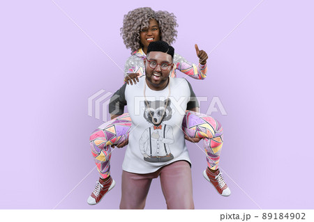 パルテルパープルの背景に眼鏡の太った黒人男性におんぶされてグッドサインをするアフロヘアの女性 パルテルパープルの背景に眼鏡の太った黒人男性におんぶされてグッドサインをするアフロヘアの女性 89184902