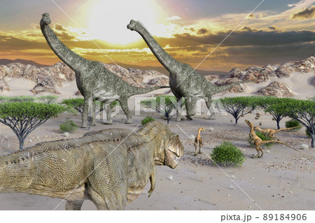 二頭のプラキオサウルスに三匹のヴェロキラプトルが迫る後ろに一匹のティラノサウルスが捕食しようと迫る 89184906