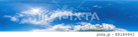 Blue sky with light clouds Seamless panorama in spherical equirectangular format with complete zenith for use in 3D graphics, game and for composites in aerial drone 360 degree panoramas as a sky dome Blue sky with light clouds Seamless panorama in spherical equirectangular format with complete zenith for use in 3D graphics, game and for composites in aerial drone 360 degree panoramas as a sky dome 89184942