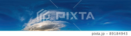 Blue sky with Cirrus clouds Seamless panorama in spherical equirectangular format. Complete zenith for use in 3D graphics, game and for composites in aerial drone 360 degree panoramas as a sky dome Blue sky with Cirrus clouds Seamless panorama in spherical equirectangular format. Complete zenith for use in 3D graphics, game and for composites in aerial drone 360 degree panoramas as a sky dome 89184943