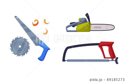 Saws set. Woodworker and lumberjack equipment for wood processing cartoon vector illustration Saws set. Woodworker and lumberjack equipment for wood processing cartoon vector illustration 89185273