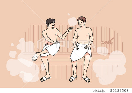 Happy male friends relax in sauna together  89185503
