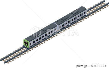 線路の上を走る立体的な緑色の電車のアイソメトリックイラスト. 89185574