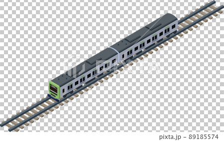 線路の上を走る立体的な緑色の電車のアイソメトリックイラスト. 89185574