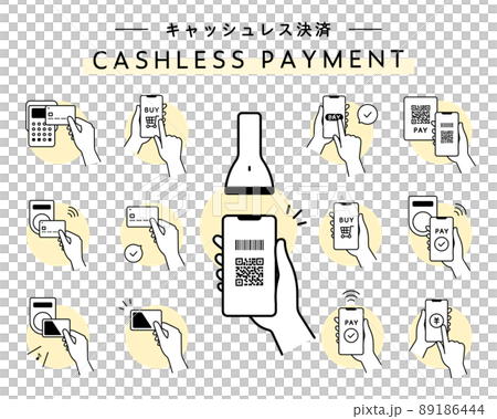 キャッシュレス決済のイラストのセット　スマホ　クレジットカード　電子マネー　支払い　QRコード 89186444