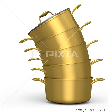 Set of stainless steel stewpot and chrome plated cookware on white background 89186751