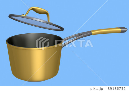 Stainless steel stewpot and chrome plated aluminum cookware on blue background 89186752