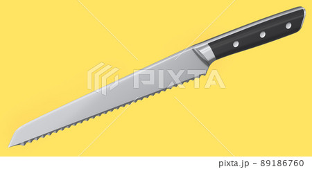 Chef's kitchen knife with a wooden handle isolated on yellow background. 89186760