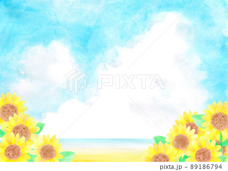入道雲とひまわり畑の広がる海の水彩画 風景 背景 手書きのイラスト素材