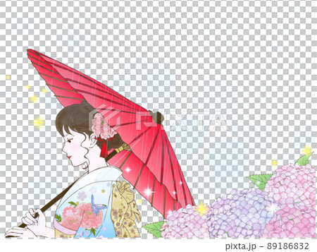 繡球花、日本傘和穿和服的女人（側身，下垂的眼睛，沒有背景） 89186832