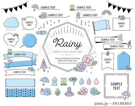 梅雨のあじさいとシンプルな線画フレームイラストセット 雨 初夏 紫陽花 傘 あしらい のイラスト素材