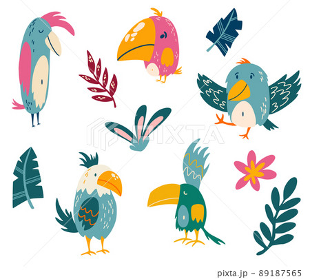 Parrots and tropical leaves set. Exotic birds. Great for children cards, prints and greeting card. Isolated vector clip art illustration. 89187565