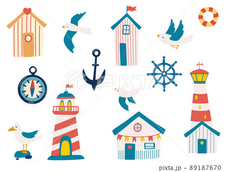 Ships, sailboat, yachts set. Sea transport. Anchor, lifebuoy and compass. Cartoon marine icons set for cards, kids t-shirt prints. Childish collection. Vector illustration. 89187670