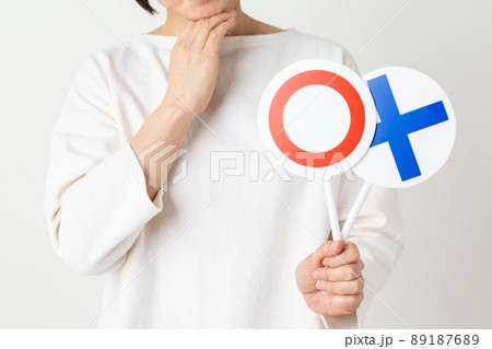 まるばつプレートを持つミドル女性 まるばつプレートを持つミドル女性 89187689