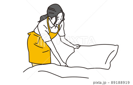寝室でベッドメイキングをするアジア人女性のイラスト素材 1819
