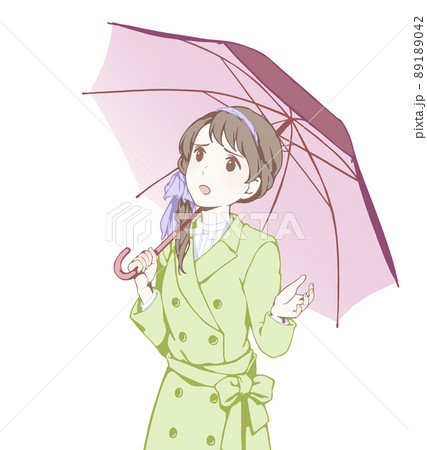 傘を差して空を見上げる女性(困り顔/止まないなぁ)のイラスト素材