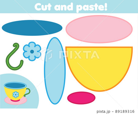 Cut and paste children educational game. Paper cutting activity. Make a tea cup with glue and scissors. DIY worksheet Cut and paste children educational game. Paper cutting activity. Make a tea cup with glue and scissors. DIY worksheet 89189316