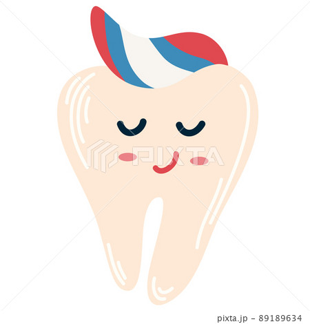 Tooth with paste. Clean happy cartoon tooth. Dental care. For children instructions on brushing teeth, printing and booklets. Vector Hand draw illustration isolated on the white background.  Tooth with paste. Clean happy cartoon tooth. Dental care. For children instructions on brushing teeth, printing and booklets. Vector Hand draw illustration isolated on the white background.  89189634