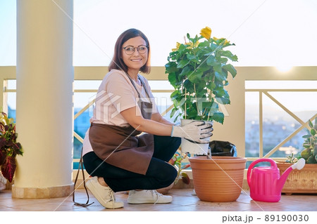 Woman planting caring for a house plant in a pot, on the terrace 89190030