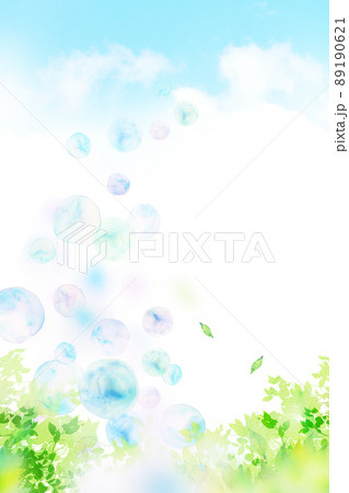 シャボン玉と新緑　水彩 89190621