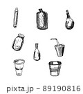 set of glass and plastic empty dishes drawn in black and white style 89190816