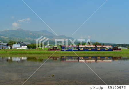 阿蘇をバックに走るトロッコ列車 89190976