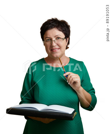 Portrait of Caucasian Mature female teacher standing on white background 89191053