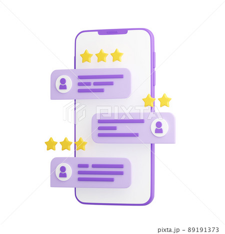 Customer review 3d render illustration - purple mobile phone with rating and comment on speech bubble. Customer review 3d render illustration - purple mobile phone with rating and comment on speech bubble. 89191373