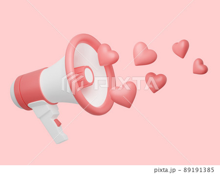 Loudspeaker with hearts 3d render - pink megaphone banner with love symbols. Loudspeaker with hearts 3d render - pink megaphone banner with love symbols. 89191385