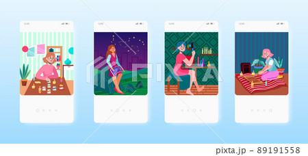 Tarot card prediction, magic potion, astrology, ouija board. Occultism mobile app screen, vector website banner template 89191558