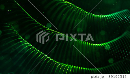 abstract sci-fi background with glow particles form curved lines, surfaces, hologram structures or virtual digital space. Green motion design background of microworld or cosmic space. Strings 89192515
